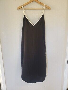💚5/$25 FV31 Silky Satin Black Classic Slip Dress White Trim Spaghetti Straps